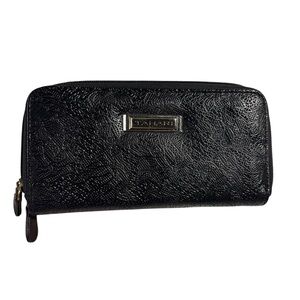 Tahari Black Floral Embossed Leather Double‎ Zipper Wallet 8x4”